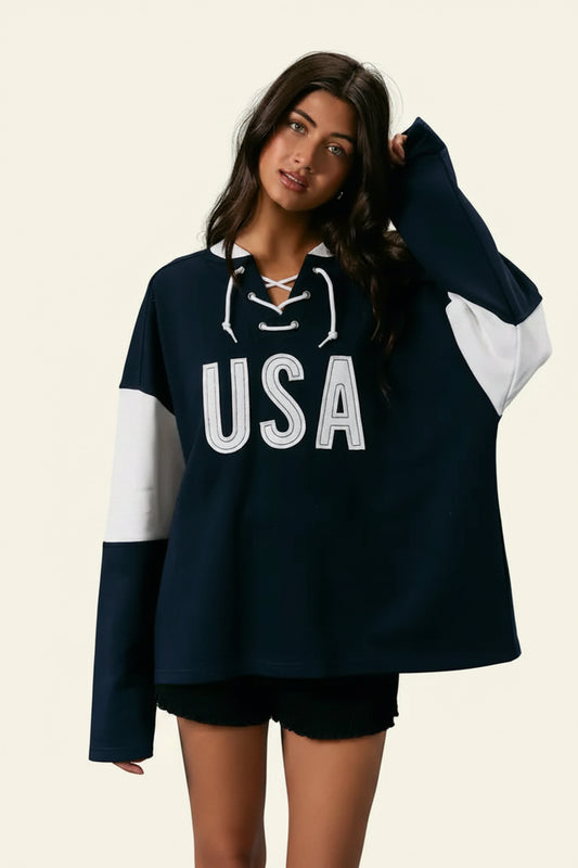 Crisscross Drawstring USA Long Sleeve Crew Neck Color Blocked Oversized Shirts