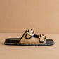 The Daytona | Black Two-Tone Raffia Gold Buckle Sandal