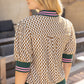 Golden Quarter Button Stripe Band Checker Print Knit Top