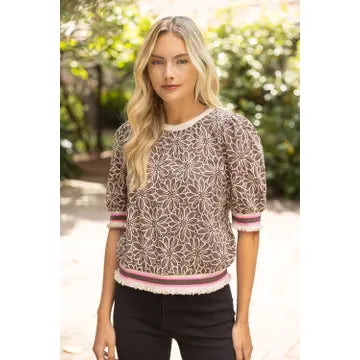Sonic Stripe Band Detail Floral Eyelet Top