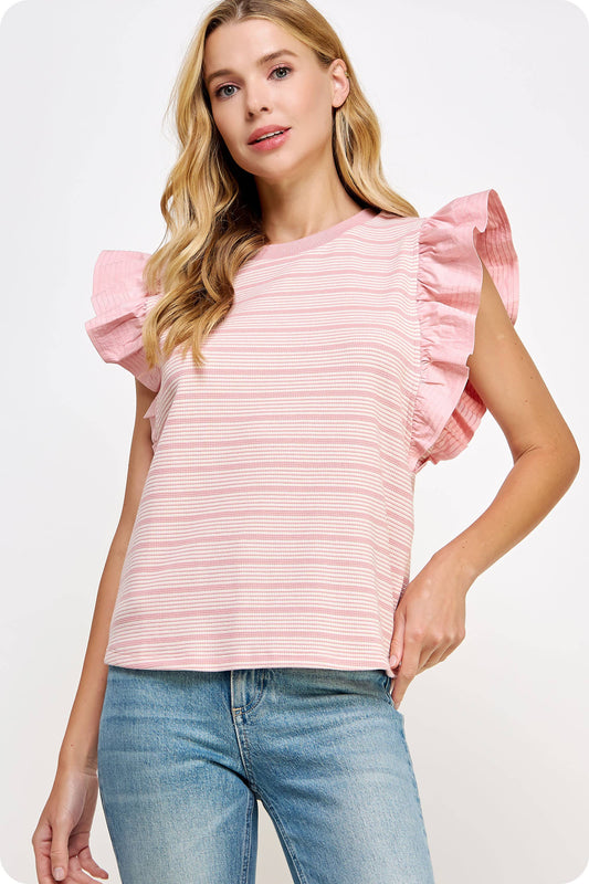 Bardstown Mixed Media Stripe Top-stitch Knit Top