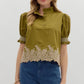 Arthur Solid Embroidered Smocked Cuff Band Short Sleeve Blouse