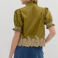 Arthur Solid Embroidered Smocked Cuff Band Short Sleeve Blouse