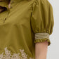 Arthur Solid Embroidered Smocked Cuff Band Short Sleeve Blouse