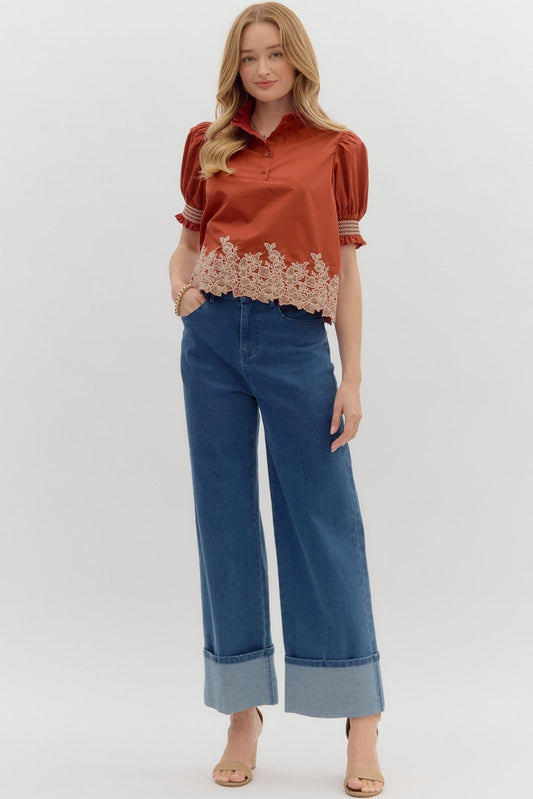 Arthur Solid Embroidered Smocked Cuff Band Short Sleeve Blouse