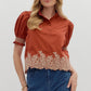 Arthur Solid Embroidered Smocked Cuff Band Short Sleeve Blouse