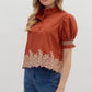 Arthur Solid Embroidered Smocked Cuff Band Short Sleeve Blouse