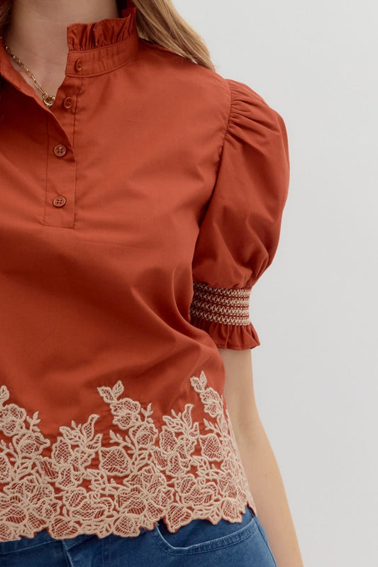 Arthur Solid Embroidered Smocked Cuff Band Short Sleeve Blouse