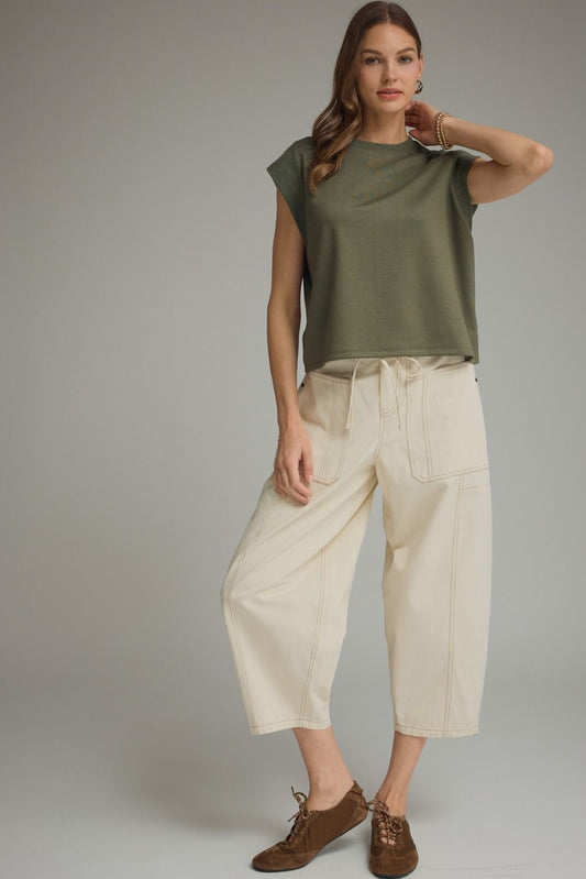 Las Solid Round Neck Cap Sleeve Top Featuring Ribbed Trim