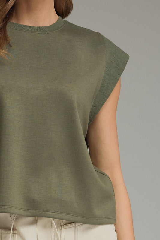 Las Solid Round Neck Cap Sleeve Top Featuring Ribbed Trim