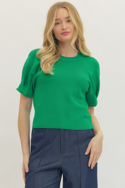 Carroll Solid Short Puff Sleeve Knit Top Blouse