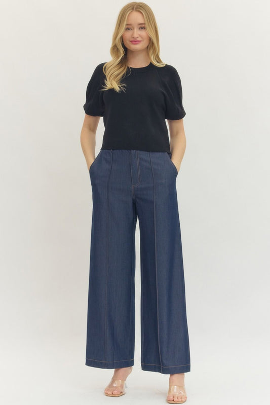 Carroll Solid Short Puff Sleeve Knit Top Blouse