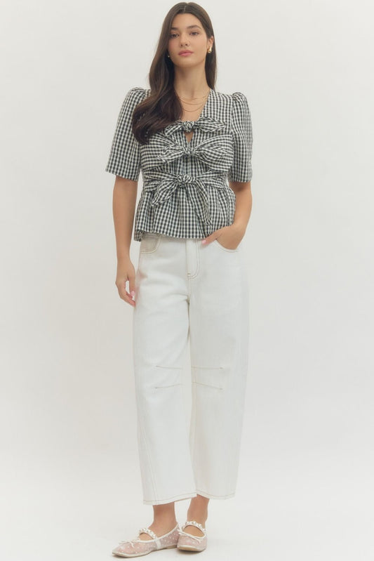Dixon Gingham Triple Tie Bow Accent Blouse