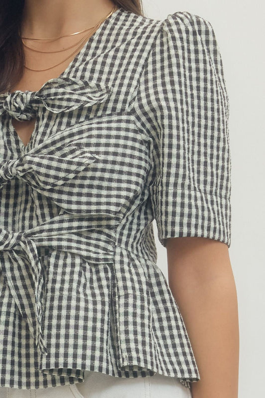 Dixon Gingham Triple Tie Bow Accent Blouse