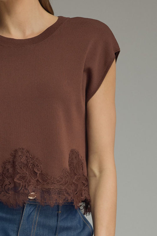 Vibes Solid Cap Sleeve Knit Sweater with Lace Trim