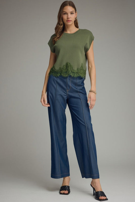 Vibes Solid Cap Sleeve Knit Sweater with Lace Trim