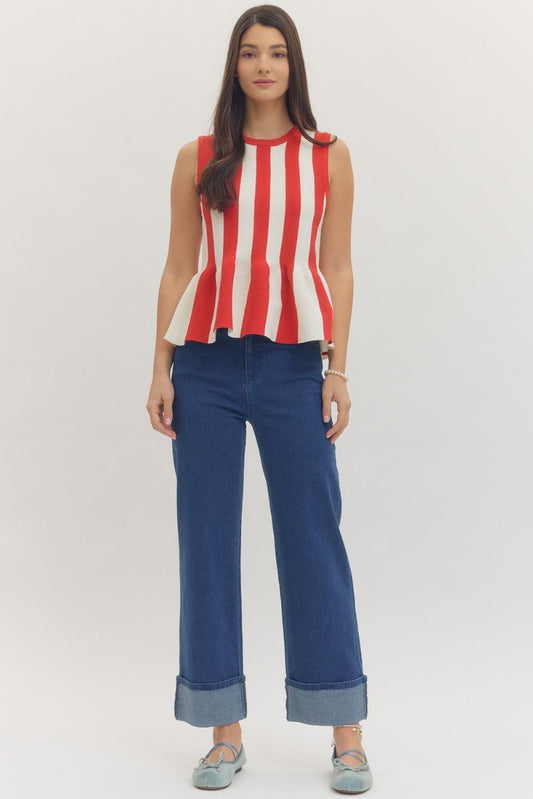 Champaign Striped Sleeveless Peplum Knit Top