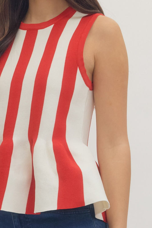 Champaign Striped Sleeveless Peplum Knit Top