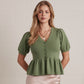 Lincoln Solid Scallop Trim V Neck Short Puff Sleeve Top