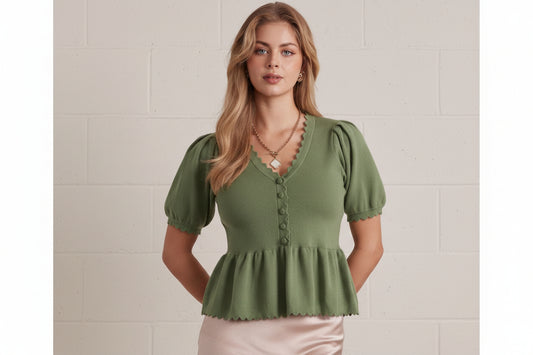 Lincoln Solid Scallop Trim V Neck Short Puff Sleeve Top