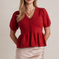 Lincoln Solid Scallop Trim V Neck Short Puff Sleeve Top