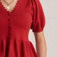 Lincoln Solid Scallop Trim V Neck Short Puff Sleeve Top