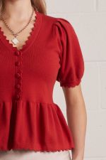 Lincoln Solid Scallop Trim V Neck Short Puff Sleeve Top