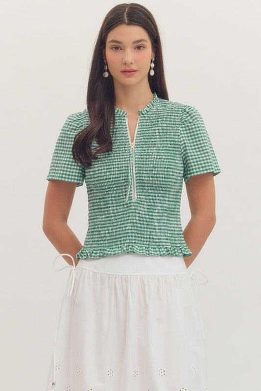 Taylorville Gingham Short Sleeve Smocked Bodice Top