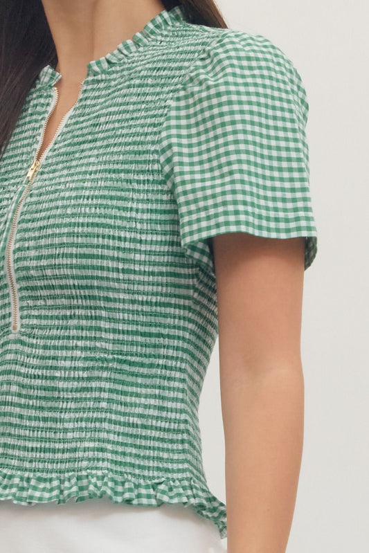 Taylorville Gingham Short Sleeve Smocked Bodice Top