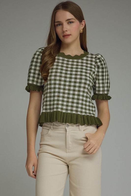 Eugene Gingham Short Puff Sleeve Knit Top