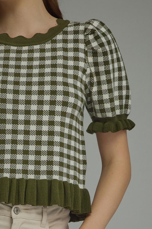 Eugene Gingham Short Puff Sleeve Knit Top