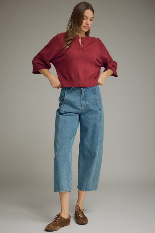 Bend Solid Round Neck 3/4 Sleeve Knit Sweater