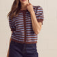 Bookings Striped Short Puff Sleeve Knit Cardigan