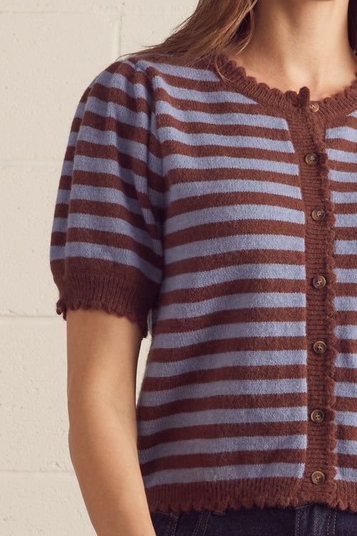Bookings Striped Short Puff Sleeve Knit Cardigan