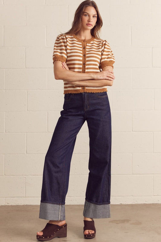 Bookings Striped Short Puff Sleeve Knit Cardigan