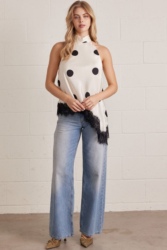 Moline Polka Dot Halter Top with Lace Trim