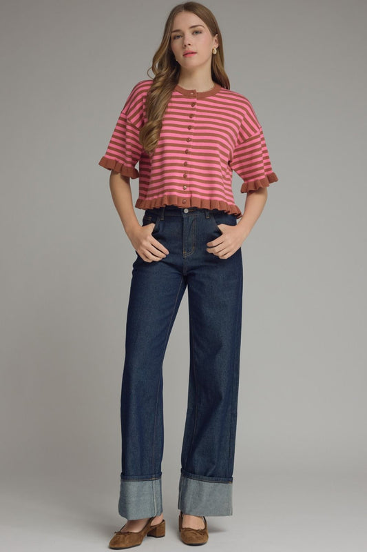Chelau Striped Round Neck Knit Top with Ruffle Trim