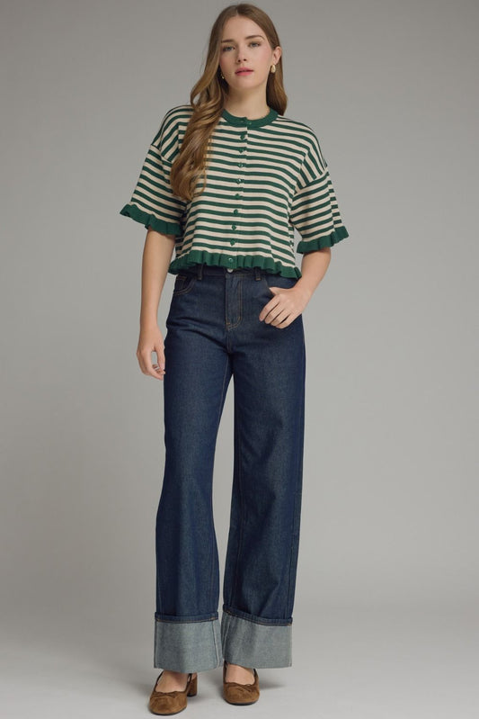 Chelau Striped Round Neck Knit Top with Ruffle Trim