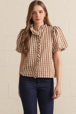 Sequim Gingham Short Puff Sleeve Blouse