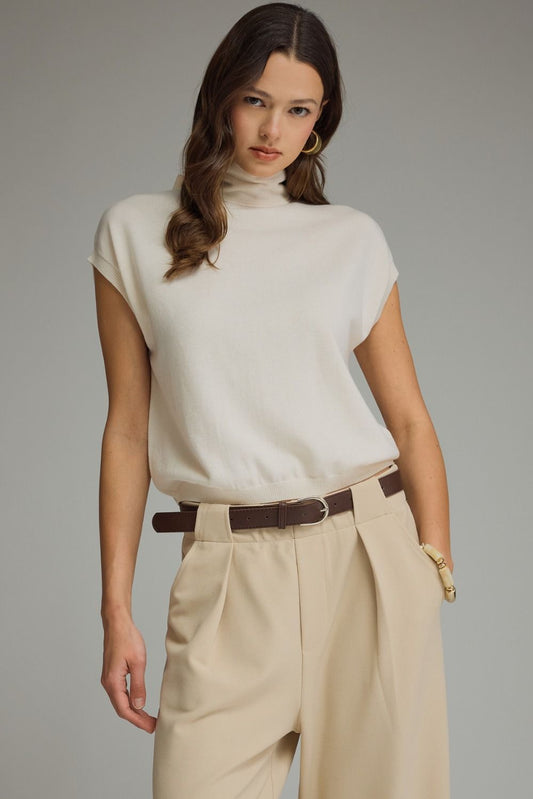 Moses Solid Mock Neck Cap Sleeve with Scarf Tie Detail