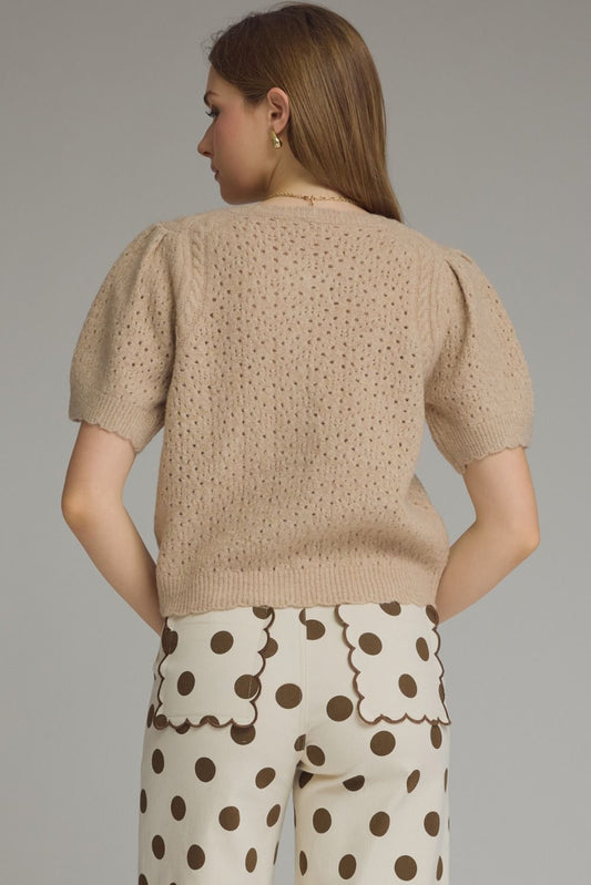 Socorro Solid Round Neck Short Puff Sleeve Knit Top