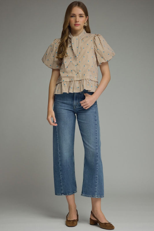 Kylie Stripe Polka Dot Short Puff Sleeve Top