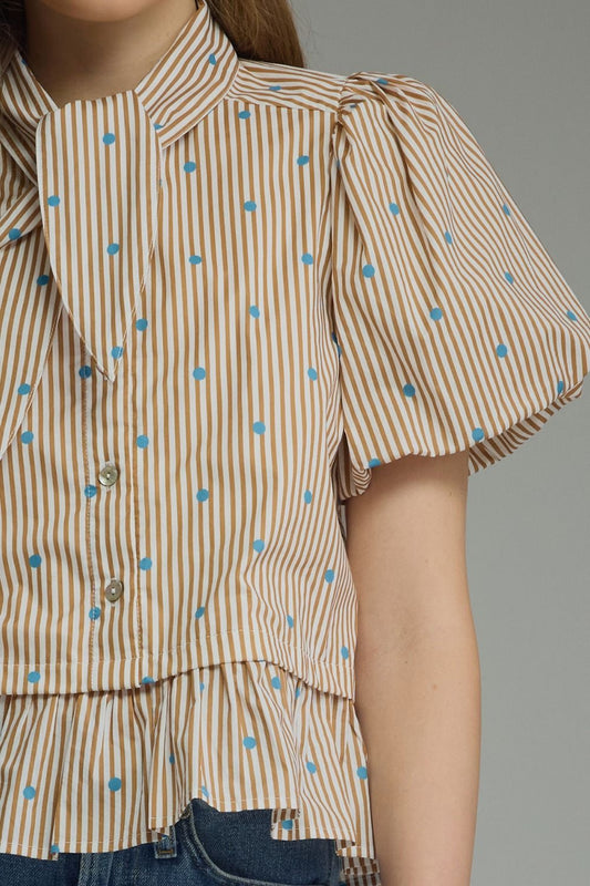 Kylie Stripe Polka Dot Short Puff Sleeve Top