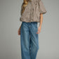 Remain Short Puff Sleeve Striped Top with Large Button Detail Blouse