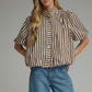 Remain Short Puff Sleeve Striped Top with Large Button Detail Blouse