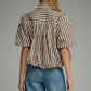 Remain Short Puff Sleeve Striped Top with Large Button Detail Blouse