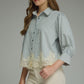 Silver City Striped 3/4 Puff Sleeve Top with Lace Trim