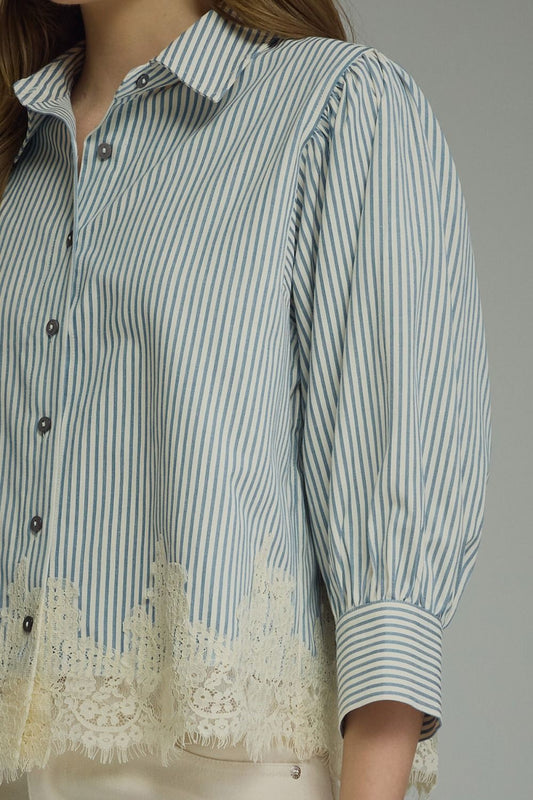 Silver City Striped 3/4 Puff Sleeve Top with Lace Trim