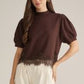 Romeo Lace Trim Mock Neck and Cuff Sleeve Finished Top