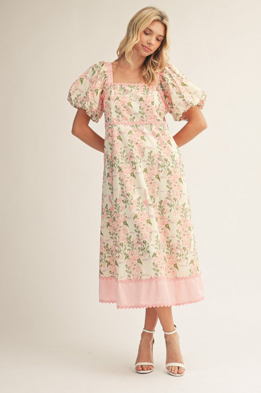 Rose Puff Sleeves Floral Midi Dress